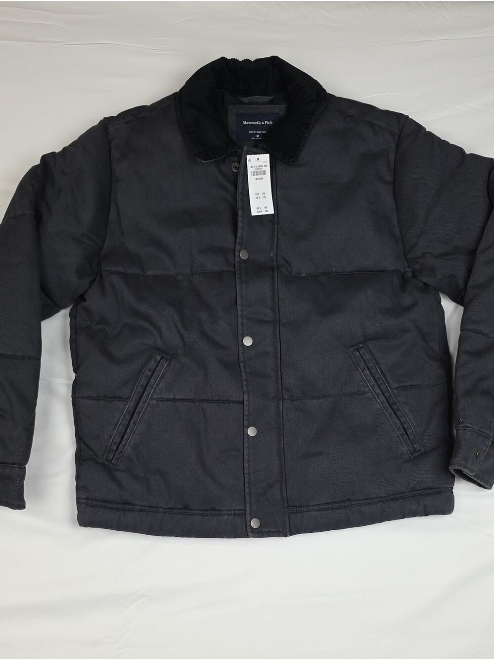 Abercrombie & Fitch Black Quilted Puffer Jacket with Corduroy Collar Medium